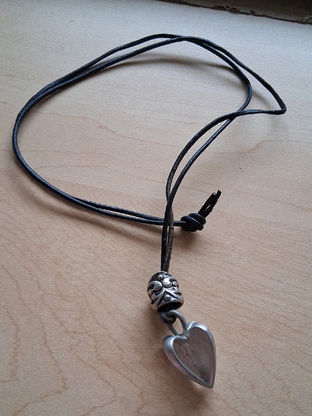 Heart Pendant Necklace on Leather Cord - Silver Looking Heart